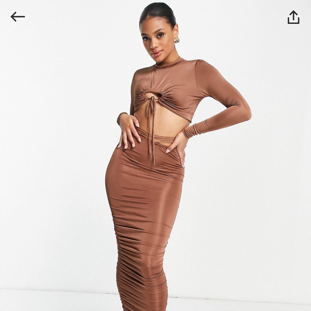 Missguided slinky jersey ruched two piece coord brown skirt set